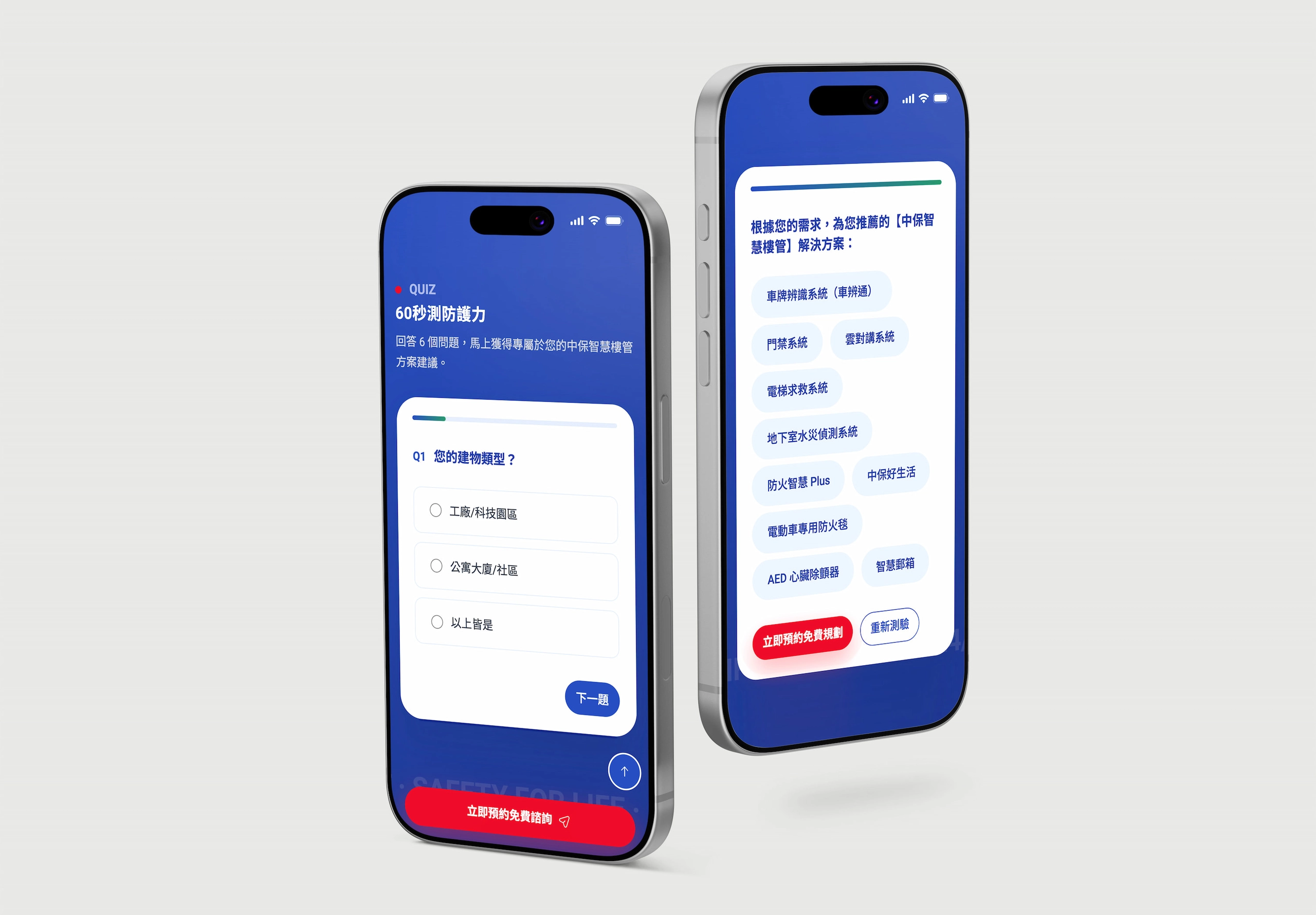將客戶的方案資訊，設計成六題式的互動測驗。訪客依建物類型與需求逐步作答，時獲得專屬方案建議，並在結果頁銜接「立即預約免費規劃」，把瀏覽自然導向諮詢。